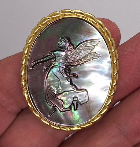 Black Mother of Pearl Angel Cameo Gold Brooch Pendant F274