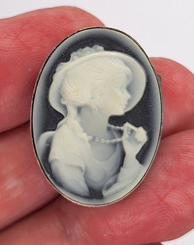 30x22mm Vintage Black Agate Cameo in Sterling Frame Brooch or Pendant F275