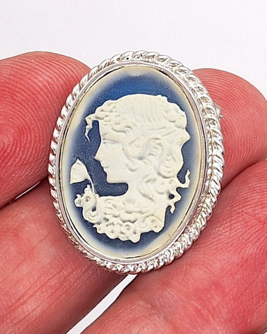 30x23mm Sterling Silver Brooch with Blue Resin Cameo F276
