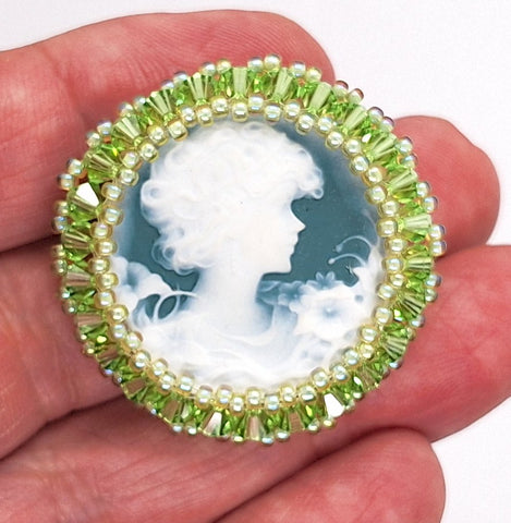37mm Round Blue Green Agate Cameo Brooch F277