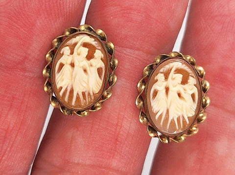Antique 12kt gold filled carved shell 3 graces cameo screwback earrings F281