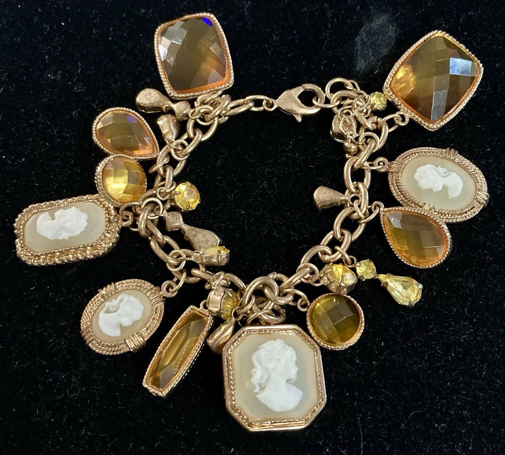 8.75 inch Amber Victorian Style Gold Cameo Charm Bracelet F287