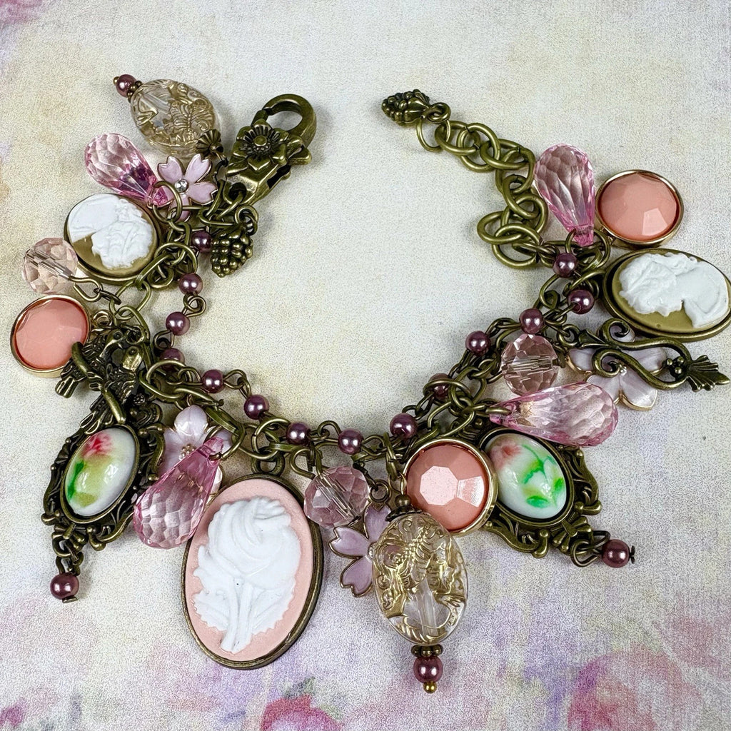 8.75 inch Antique Bronze and Pink Victorian Style Cameo Charm Bracelet F288