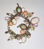 8.75 inch Antique Bronze and Pink Victorian Style Cameo Charm Bracelet F288