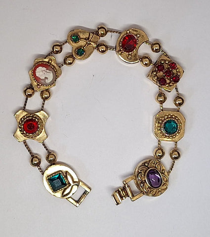 Vintage Victorian Revival Slider Charm Bracelet Multicolor Jewels 7.5 inches F302