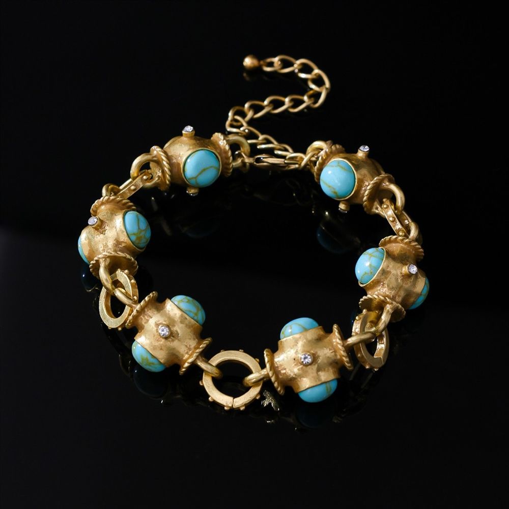 Retro Vintage Style Turquoise and Gold Colored Link Bracelet  F294