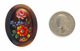 40x30mm Vintage German Glass Decal Painting Brown with Flower Bouquet Cabochon J103