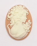40x30mm Tan and White Victorian Woman with Flowers Resin Cameo J124