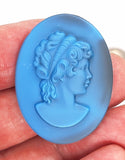 40x30mm Vintage German Blue Glass Woman Cameo Cabochon J125