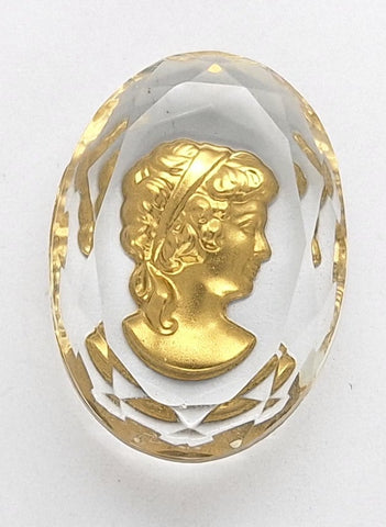 25x18mm Vintage German Woman Glass Flat Back Cameo Reverse Intaglio GOLD PAINTED on CRYSTAL J134