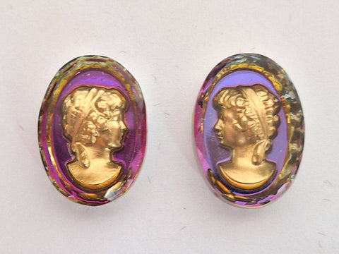 18x13mm Matched Pair Vintage Iridescent German Woman Glass Flat Back Cameo J136