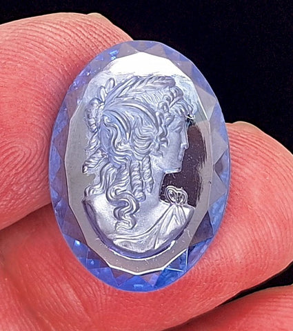 25x18mm Vintage German Faceted Blue Glass Woman Cameo Cabochon J138