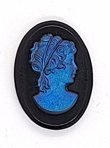 25x18mm Vintage Deep Blue Iridescent German Woman Glass Flat Back Cameo J142