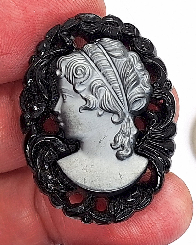 40x30mm Vintage German Black and Hematite Glass Woman Cameo Cabochon J143
