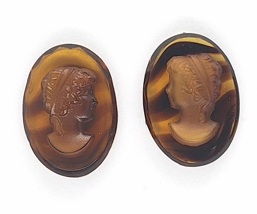 18x13mm Matched Pair Vintage German Brown Glass Woman Flat Back Cameo J159