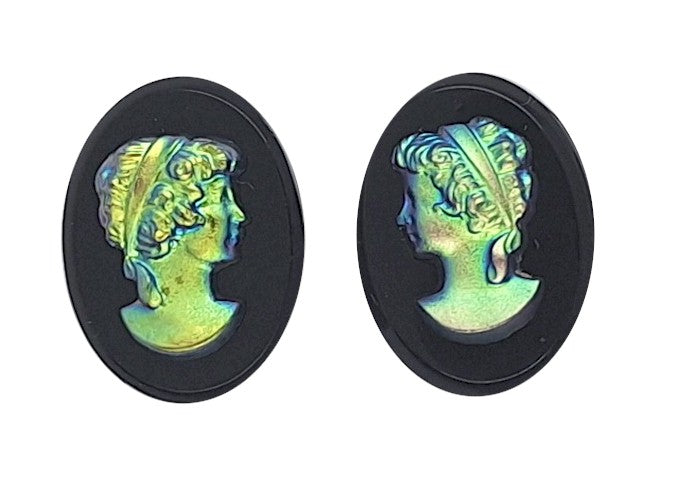 18x13mm Matched Pair Vintage Iridescent  AB German Woman Glass Flat Back Cameo J160