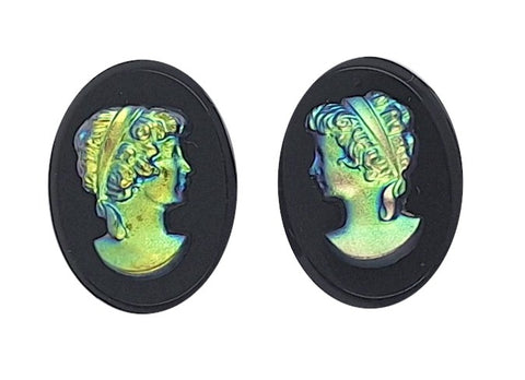 18x13mm Matched Pair Vintage Iridescent  AB German Woman Glass Flat Back Cameo J160