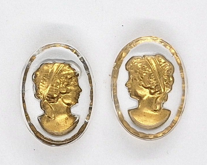 18x13mm Matched Pair Vintage Woman Glass Flat Back Cameo Reverse Intaglio GOLD PAINTED on CRYSTAL J161