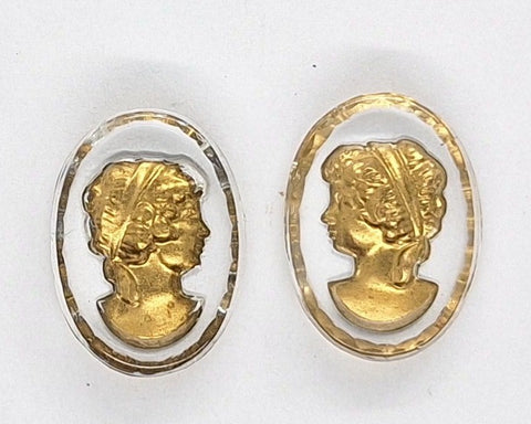 18x13mm Matched Pair Vintage Woman Glass Flat Back Cameo Reverse Intaglio GOLD PAINTED on CRYSTAL J161