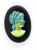25x18mm Vintage Green Gold Blue Iridescent German Woman Glass Flat Back Cameo J162