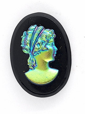 25x18mm Vintage Green Gold Blue Iridescent German Woman Glass Flat Back Cameo J162