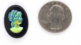 25x18mm Vintage Green Gold Blue Iridescent German Woman Glass Flat Back Cameo J162