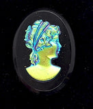 25x18mm Vintage Green Gold Blue Iridescent German Woman Glass Flat Back Cameo J162