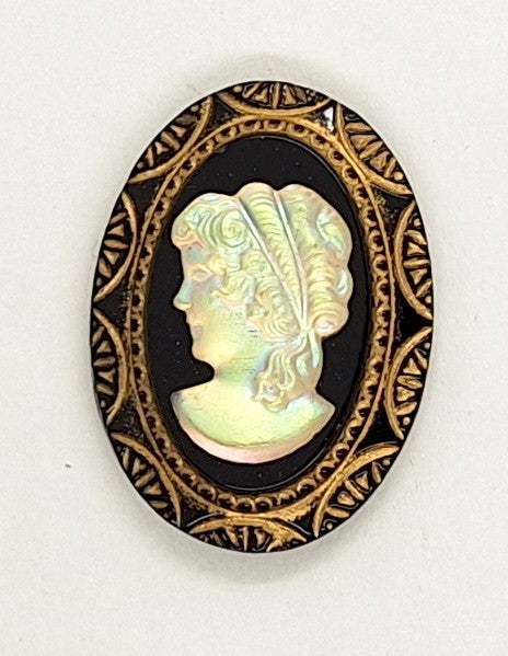 25x18mm Vintage Iridescent German Woman Gold Trim Glass Flat Back Cameo J167