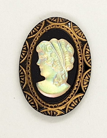 25x18mm Vintage Iridescent German Woman Gold Trim Glass Flat Back Cameo J167