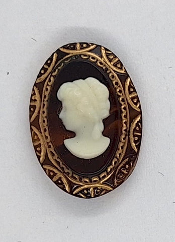 18x13mm Vintage  German Woman Gold Trim Glass Flat Back Cameo J168