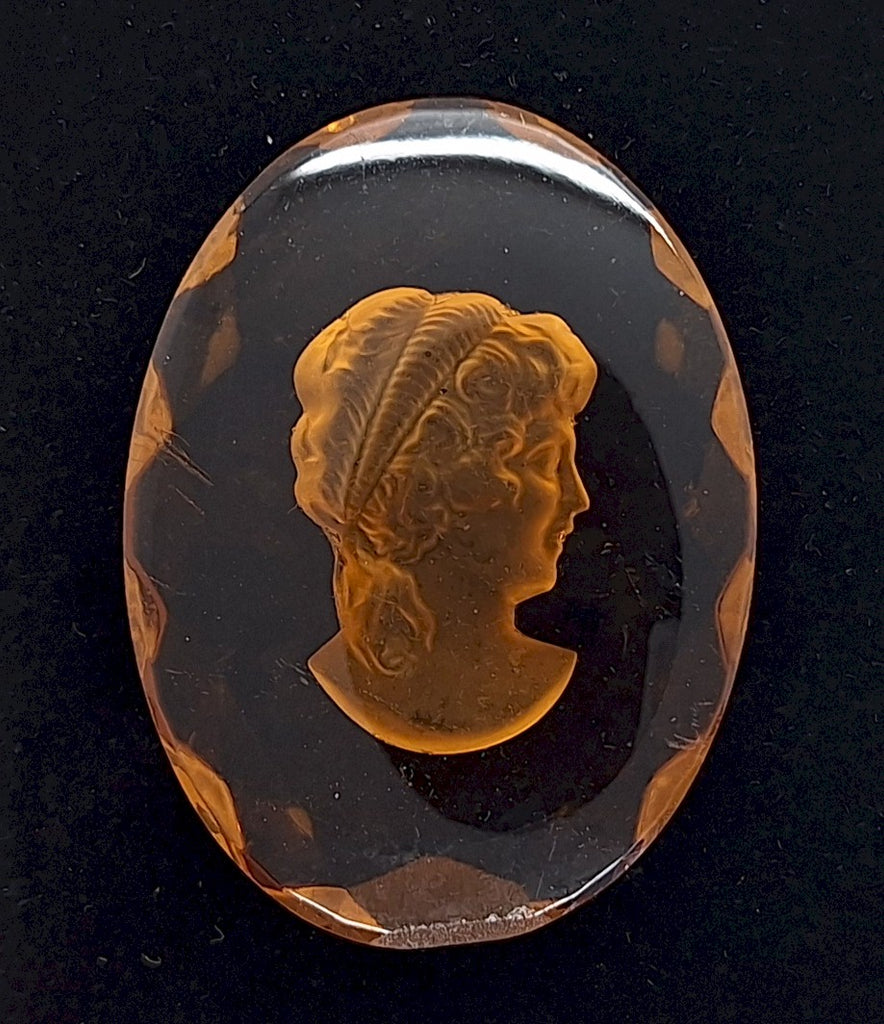 40x30mm German Glass Flat Back Reverse Carved Intaglio Woman's Head Smokey Topaz J174