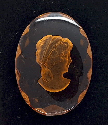 40x30mm German Glass Flat Back Reverse Carved Intaglio Woman's Head Smokey Topaz J174