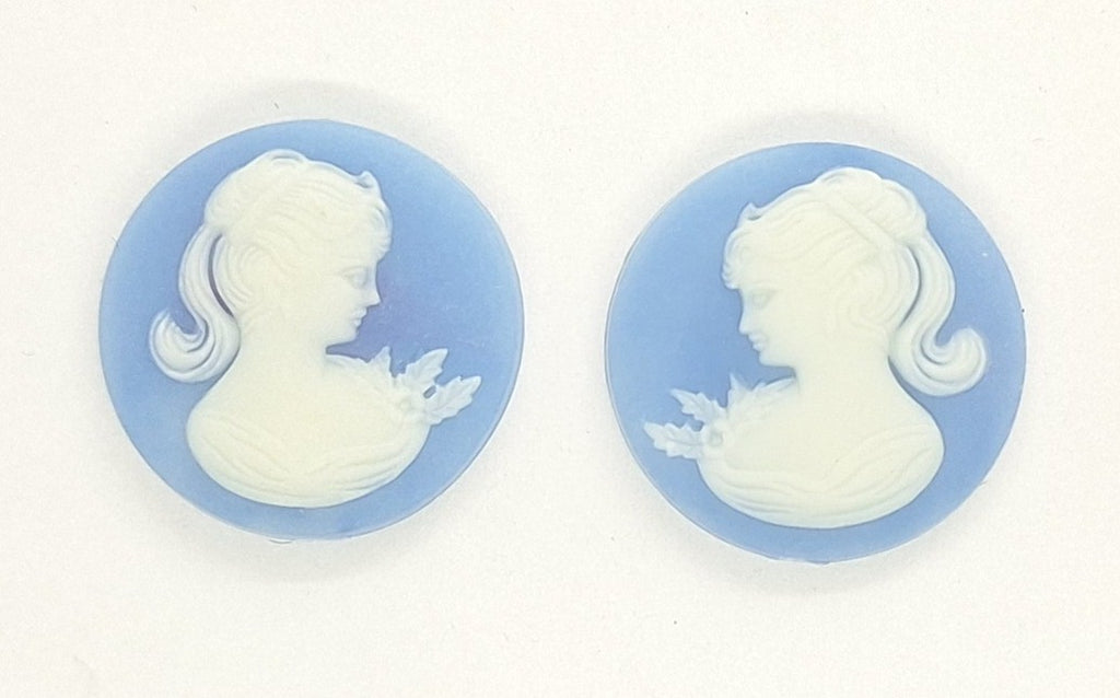18mm Matched Pair of Blue and White Ponytail Girl Resin Cameo Cabochon J189