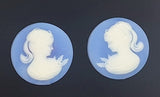 18mm Matched Pair of Blue and White Ponytail Girl Resin Cameo Cabochon J189