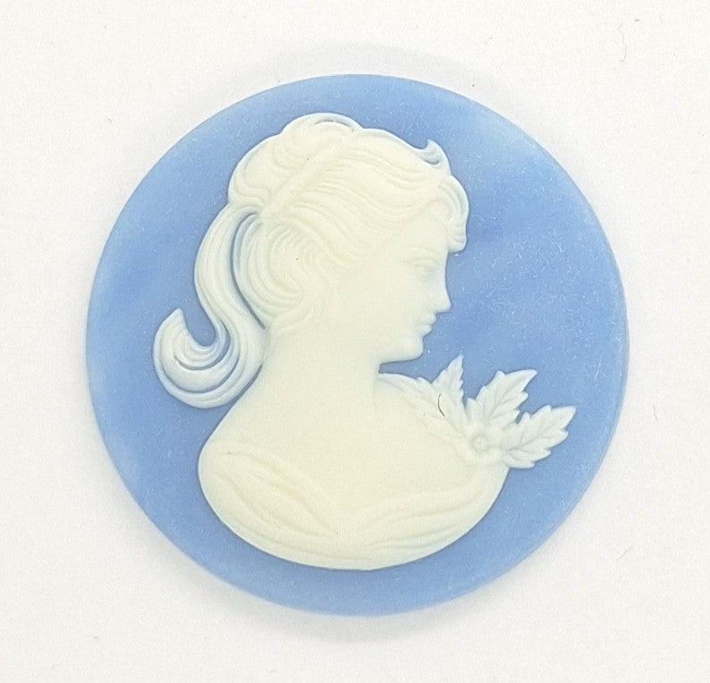 30mm Blue and White Ponytail Girl Resin Cameo Cabochon J190