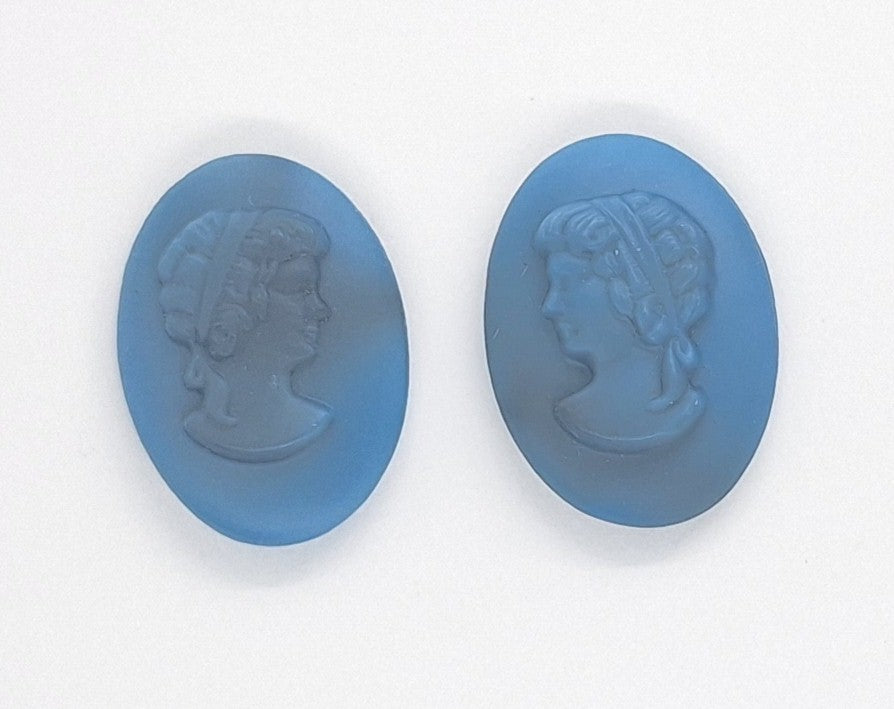 18x13mm Matched Pair Vintage German Blue Glass Woman Cameo Cabochon J193