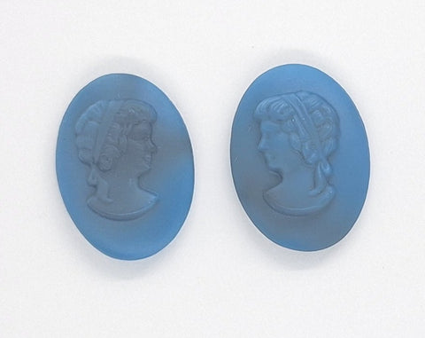 18x13mm Matched Pair Vintage German Blue Glass Woman Cameo Cabochon J193