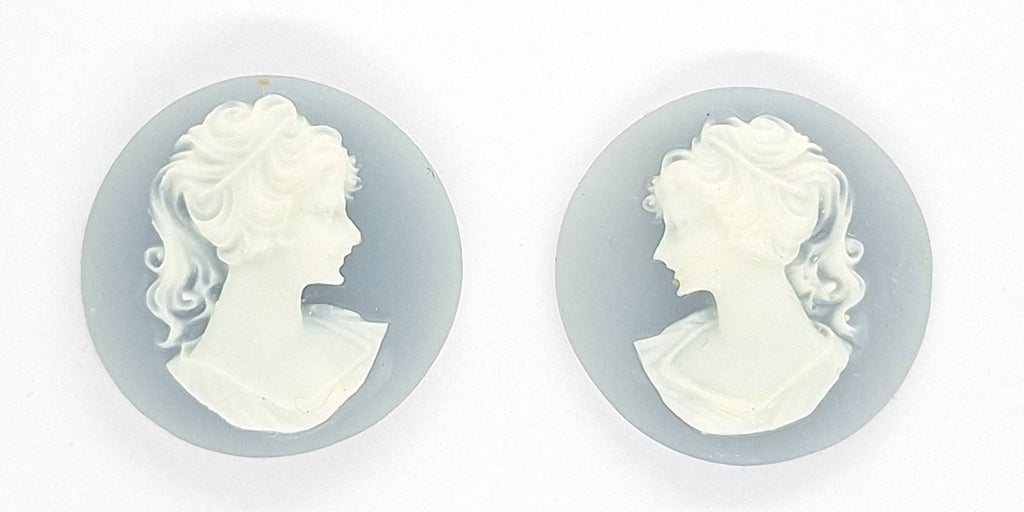 18mm Matched Pair of Wedgewood Blue and White Ponytail Girl Resin Cameo Cabochon J194