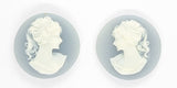 18mm Matched Pair of Wedgewood Blue and White Ponytail Girl Resin Cameo Cabochon J194