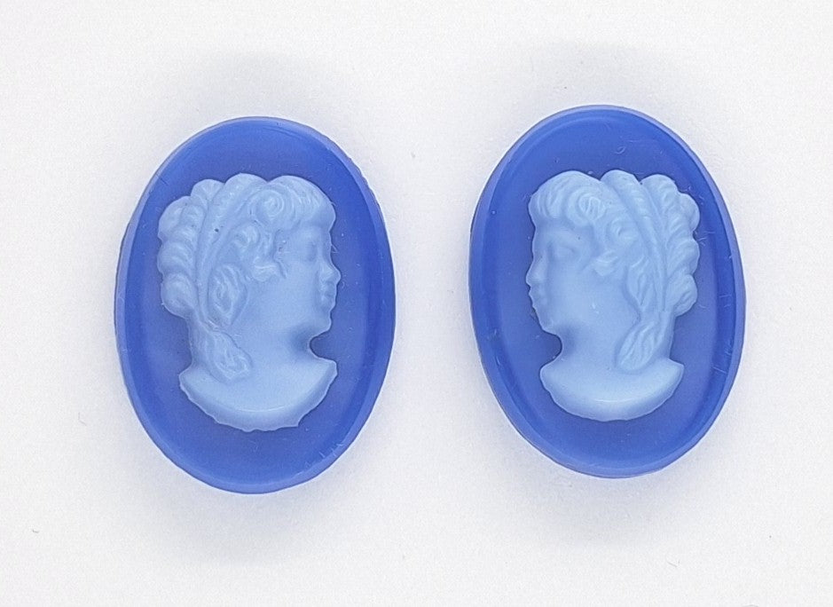 18x13mm Matched Pair Vintage German Blue Glass Woman Cameo Cabochon J195