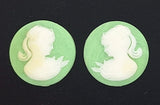 18mm Matched Pair of Green and White Ponytail Girl Resin Cameo Cabochon J199
