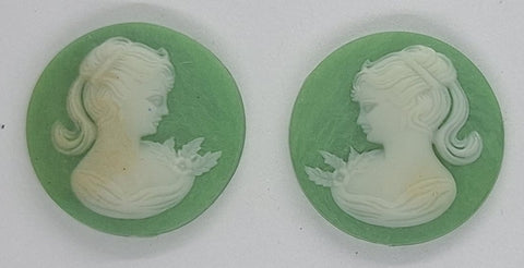 18mm Matched Pair of Green and White Ponytail Girl Resin Cameo Cabochon J199