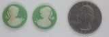 18mm Matched Pair of Green and White Ponytail Girl Resin Cameo Cabochon J199