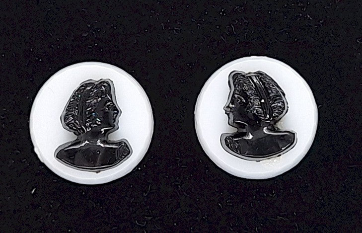 11mm Vintage White and Black Matched Pair Woman in Profile Resin Cameo J208