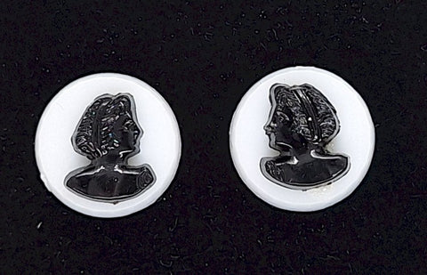 11mm Vintage White and Black Matched Pair Woman in Profile Resin Cameo J208