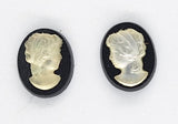 10x8mm vintage Glass Black and Pearl woman profile matched pair resin cabochons cameos J212