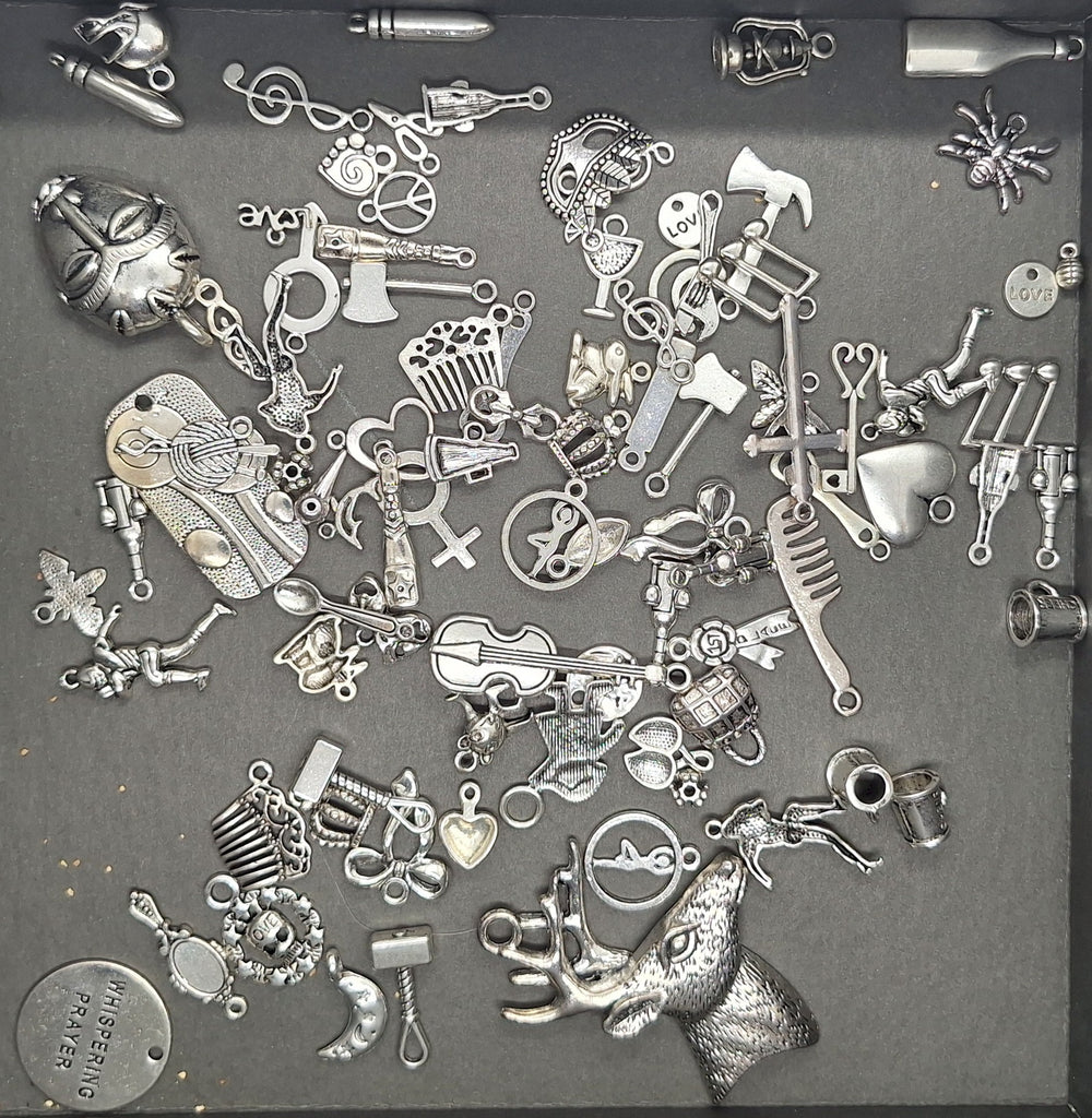 Closeout- 1/4LB Bulk Lot of Antique Silver Charms mixed Tibetan style shapes sizes L155