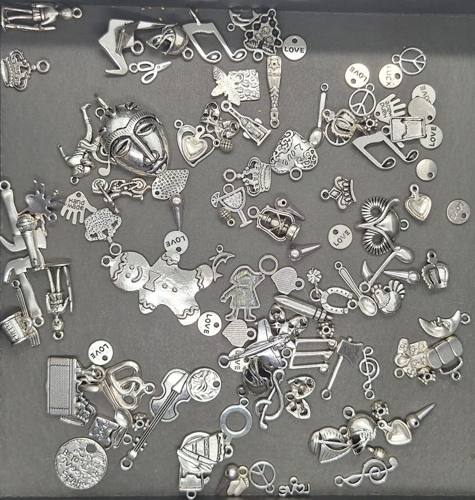 Closeout- 1/4LB Bulk Lot of Antique Silver Charms mixed Tibetan style shapes sizes L161