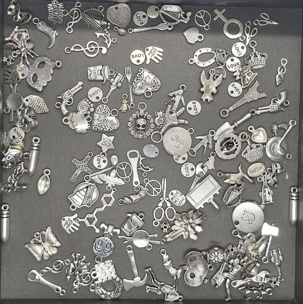 Closeout- 1/4LB Bulk Lot of Antique Silver Charms mixed Tibetan style shapes sizes L162