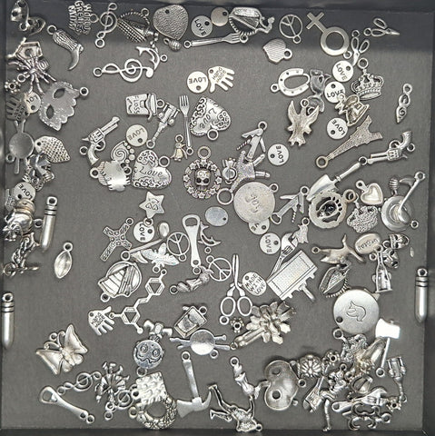 Closeout- 1/4LB Bulk Lot of Antique Silver Charms mixed Tibetan style shapes sizes L162